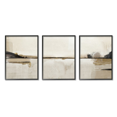 Abstract Beige Landscape 3 Piece White Framed Giclee Art Set by Ros Ruseva