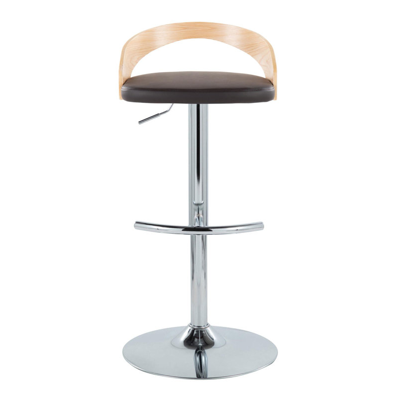 Tabouret de bar réglable Laurenzio avec repose-pieds arrondi en T, Chrome, Brown Faux Leather/Natural Wood