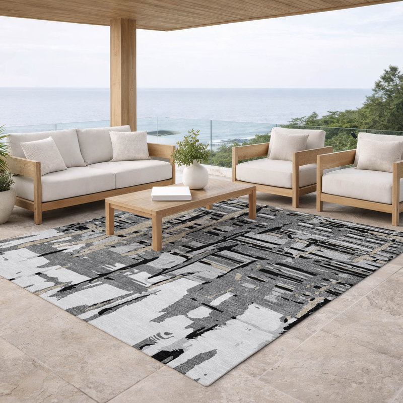 Tapis abstrait lavable à la machine intérieur / extérieur ACN2989, Gris, 9 pi x 12 pi