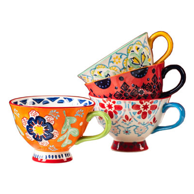 Hand-Painted Floral Pattern Large Capacity Ceramic Coffee Mugs, 14Oz, Set Of 4, (Multicolor)