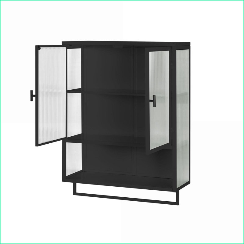 Cabinets Modern 23.62” Two-Door Wall Cabinet with Glass Doors, Two-Tier Storage &amp; Towel Rack – Black Iron + Tempered Glass | Contemporary | Entryway