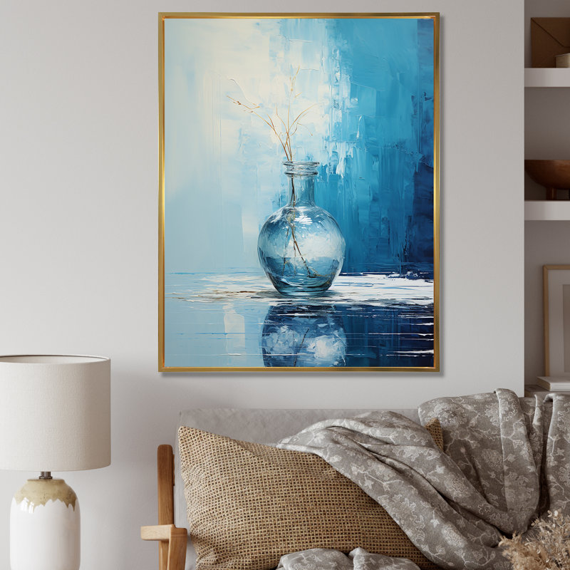 Vase de poterie bleu et blanc Boho, Cadre flottant doré, H 40 po x l 30 po x P 1,5 po