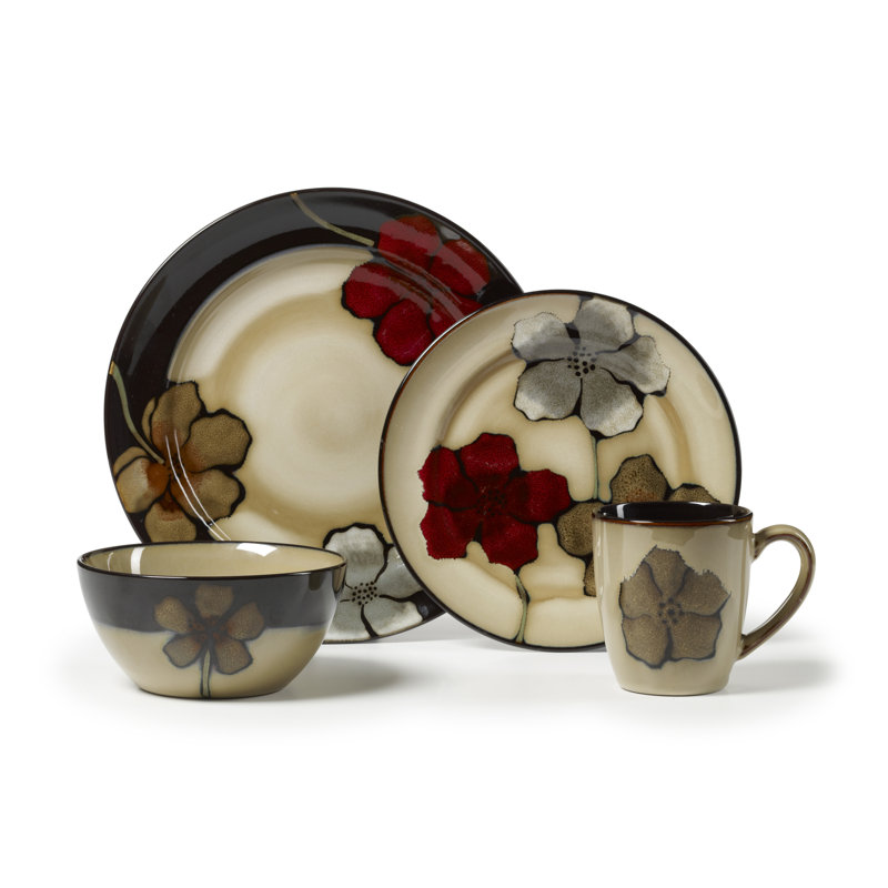 Service de vaisselle en grès avec motif de coquelicots peints de 16 articles pour quatre personnes, Beige