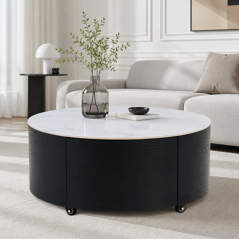 Table basse ronde moderne sur roulettes avec plateau imitation marbre, Noir