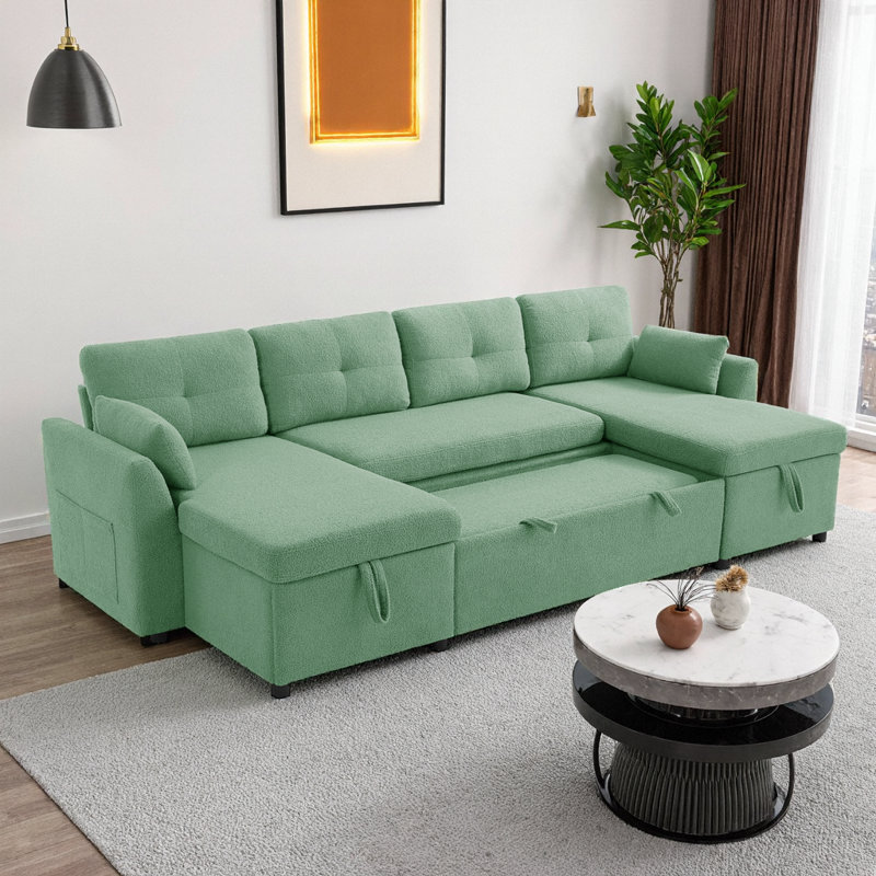 Modern U-Shaped Sleeper Sofa with Storage & USB Ports - Beige Teddy Fabric, Green