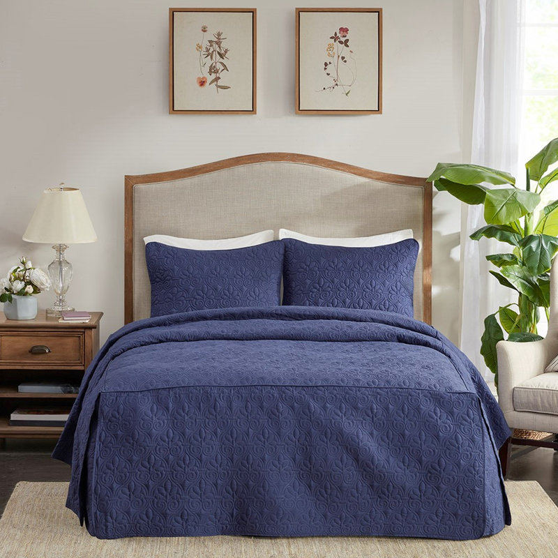 Ensemble de couvre-lit 3 pièces bleu marine, Couvre-lit de grande taille et 2 taies décorative, Marine