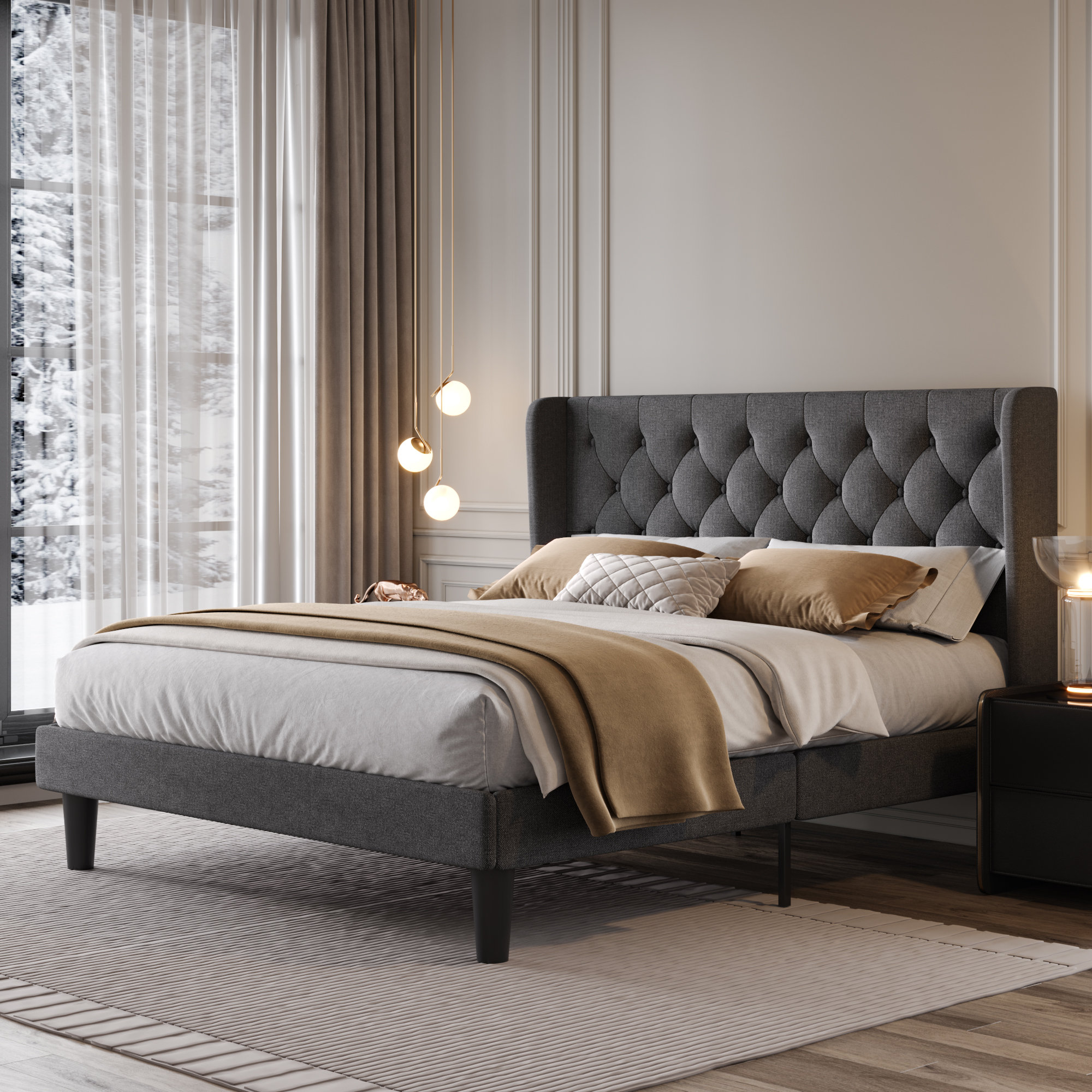 Tufted upholstered low profile platform deals bed