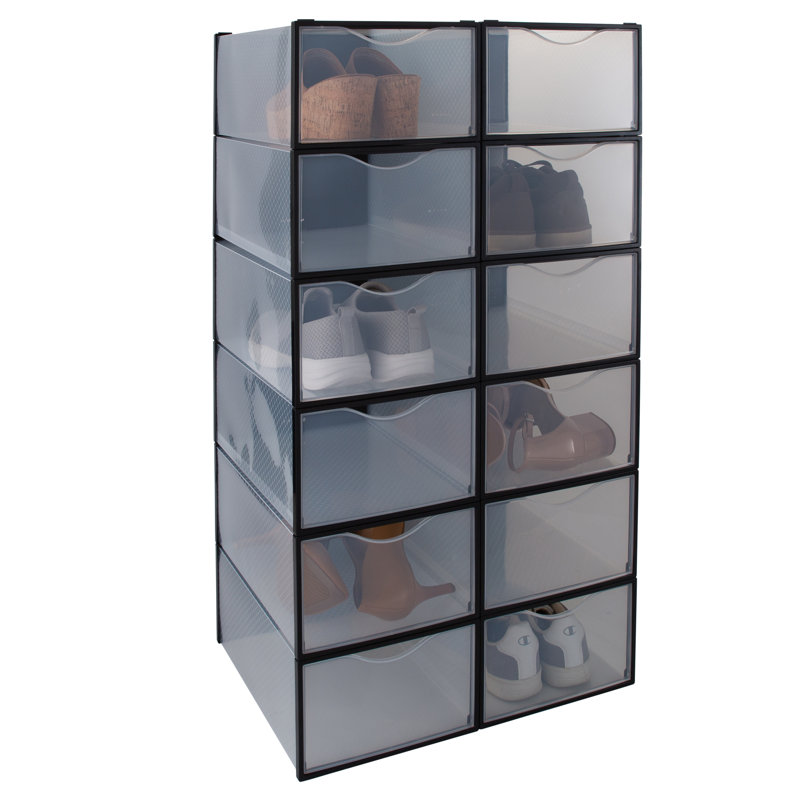 12 Pair Stackable Shoe Storage Box, Black