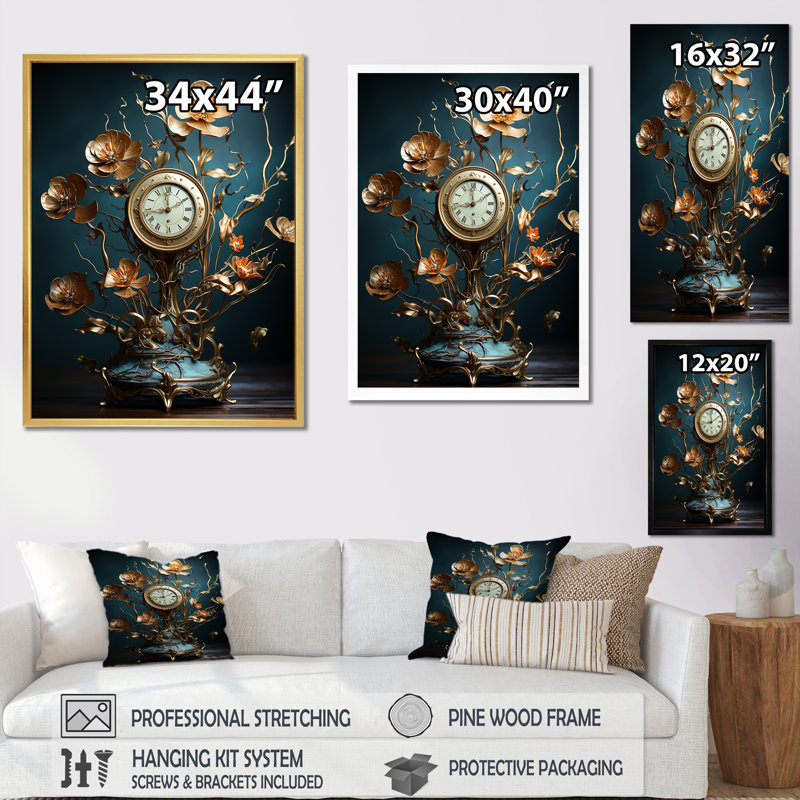 Fantastique jardin d'horlogerie sur toile, Cadre flottant doré, H 44 po x l 34 po x P 1,5 po