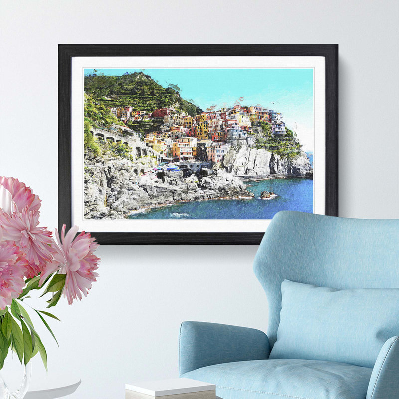 Cinque Terre in Italy - Picture Frame Painting Print, 27cm H x 36cm W x 2cm D, Black Framed