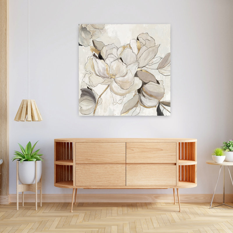 «Whispers Of Blossoms I», art floral délicat et abstrait, 36" H x 36" W