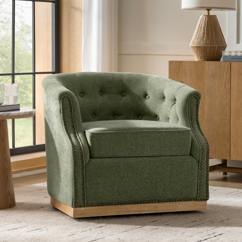 Nixmary Legend 31"W Farmhouse Upholstered Tufted Barrel Swivel Arm Chair with Fully Assembled, Moss