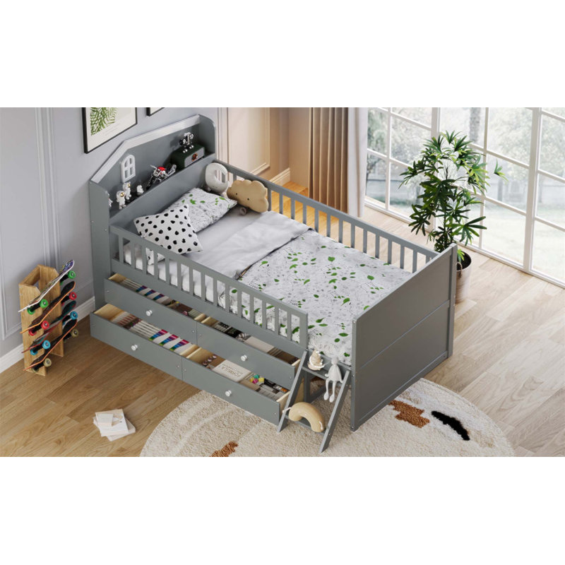 Structure de lit simple en bois avec 4 tiroirs de rangement, garde-corps et échelle pour enfants, sans sommier, facile à assembler
