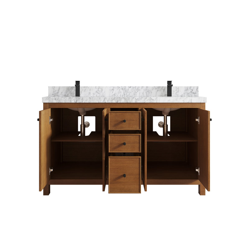 Ensemble de meuble-lavabo double 60 po Chicago Teak, Marbre de Carrare