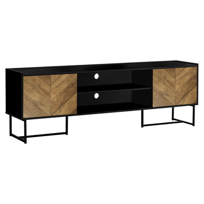 Meuble télé 72 po, meuble télé avec rangement dissimulé pour porte et tablette, stratifié brun et noir, métal, commode de rangement moderne pour le salon, bureau de design contemporain