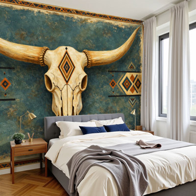 Papier peint adhésif rustique tête de mort à tête de mort amérindienne Tribal rustique du sud-ouest des États-Unis Murales murales H 100 po x l 144 po Papier mural amovible en PVC auto-adhésif pour le salon de la chambre Bureau à domicile