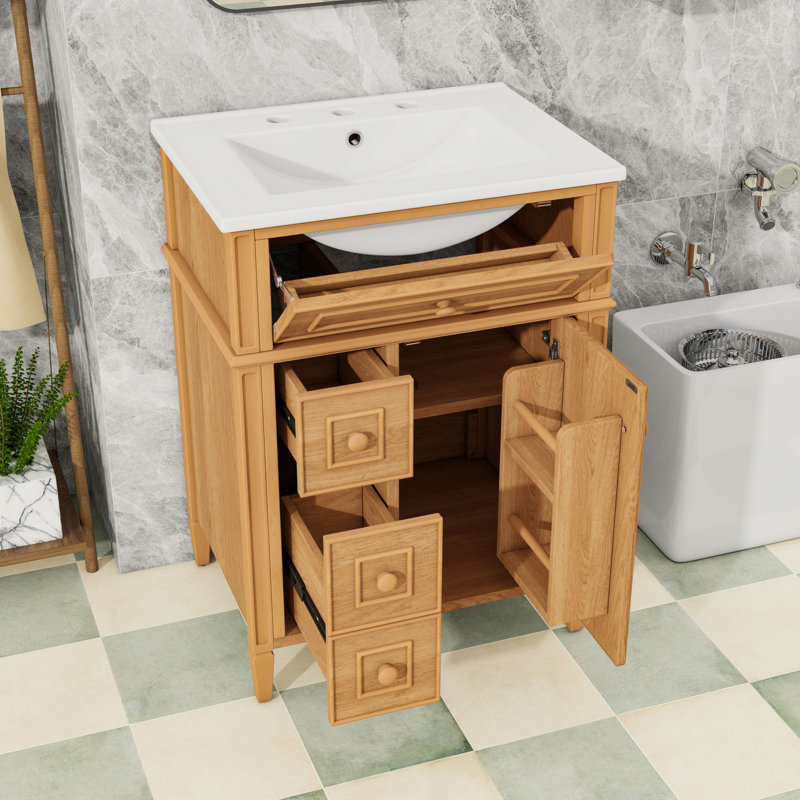 Freestanding Wood Bathroom Vanity with Ceramic Sink, Tilt-Out Drawer, Soft-Close Hinges and Ample Storage