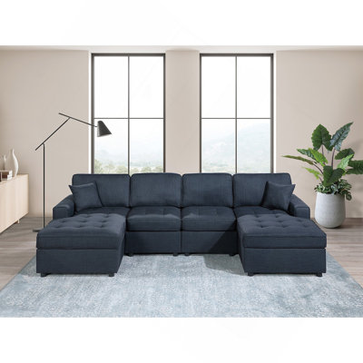 Contemporary Style Sectional Sofa Set RAF And LAF Chaise Armless Chairs Dark Blue Color Dorris Fabric Tufted Couch Pillows Living Room