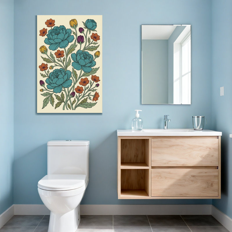 Motif floral de plantes et de fleurs avec des fleurs bleues et oranges, H 24 po x l 16 po