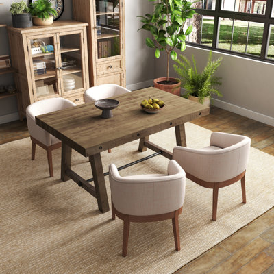 Rustic Solid Wood Dining Table And Chairs Set, Upholstered Barrel Dining Chairs Set Of 4 /6 And Solid Wood Dining Table