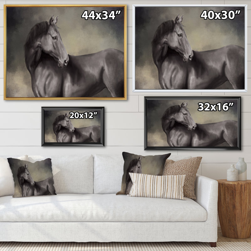 Portrait d'un cheval IV - Peinture sur toile, Cadre flottant noir, H 34 po x l 44 po