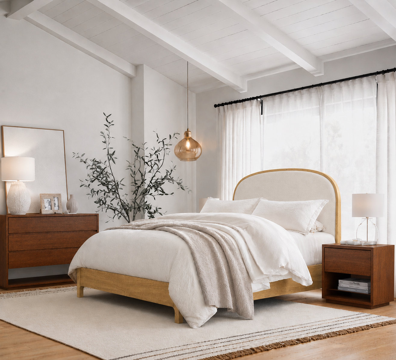 Seabrook Wood Bed with Upholstered Headboard, Brown, King