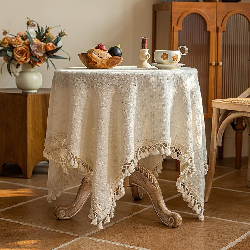 Petite nappe carrée avec pampilles, nappe en coton texturé tissé beige