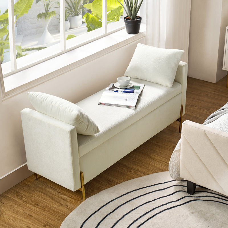Louvenia 127cm Upholstered Flip Top Bench With Subdivided Storage and Toss Pillows, Ivory