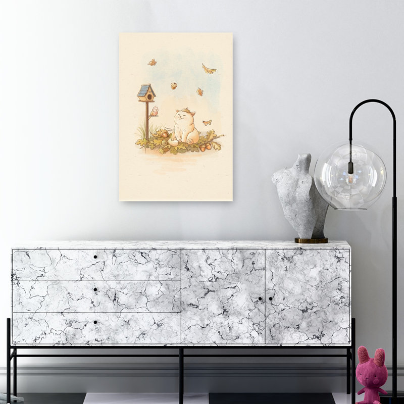 «Happy Autumn Cat Peaceful Playful Tranquil Bird Cat Squirrel Autumn Forest», reproduction d'art mural, H 36 po x l 24 po