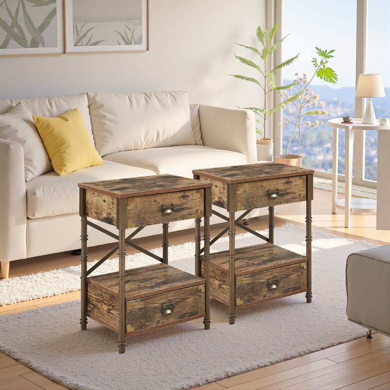 Industrial End Table With 2 Drawers And Open Storage Shelf