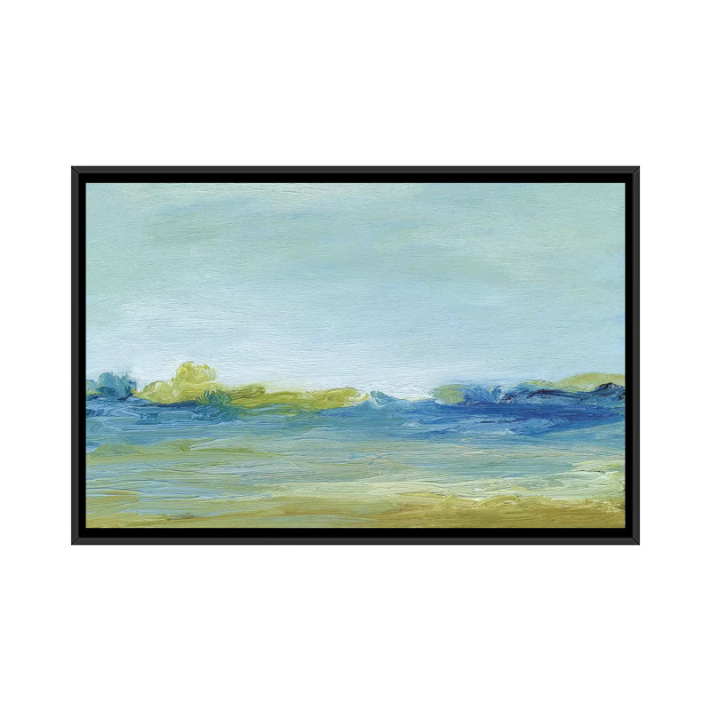 « the shore », reproduction sur toile, H 18 po x l 26 po x P 1,5 po, Toile avec cadre noir, Pas de tapis