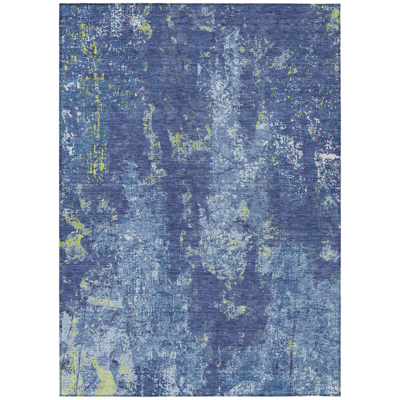 Tapis extérieur lavable abstrait bleu marine et bleu denim 10 pi x 14 pi