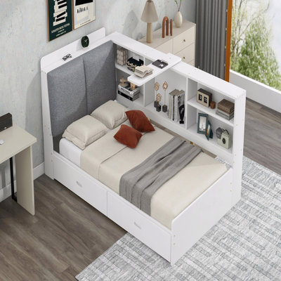 Cadre de lit plateforme simple en bois, tête de lit avec rangement, tablettes, 2 tiroirs