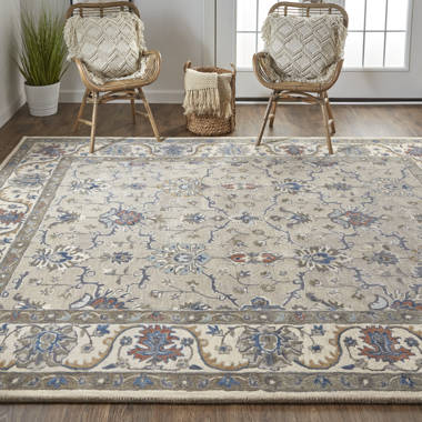 Bungalow Rose Floral Hand-Knotted Wool Cream Area Rug