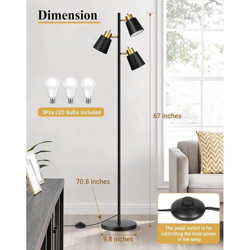 Tree Floor Lamp With 3 Rotatable LED Light Heads For Living Room, Bedroom, Office