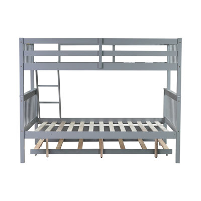 Twin Over Full Rubberwood Bunk Bed with Trundle, Detachable Convertible Ladder & Guardrail,Grey