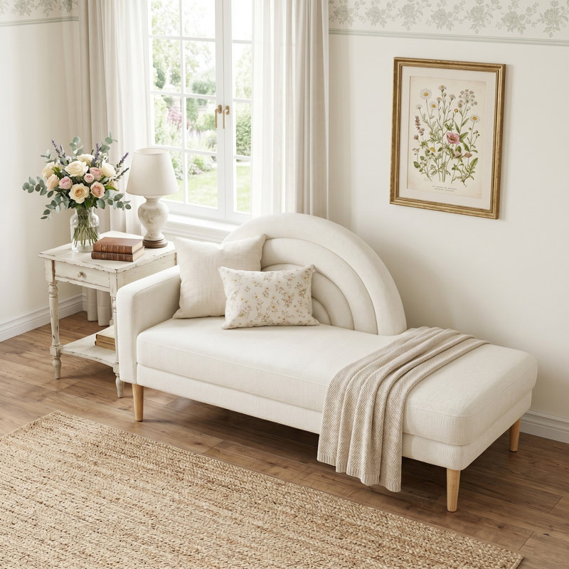 Rainbow-Inspired Linen Upholstered Chaise Lounge with Curved Backrest, Cream