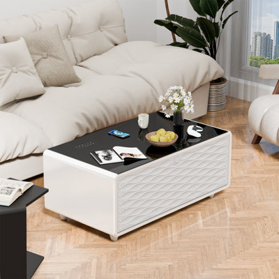 Modern Smart Coffee Table With Built-In Fridge And Freezer Drawers, Bluetooth Speaker, Wireless Charging, Touch Control Panel, USB Ports, Outlet Protection, Atmosphere Light, White