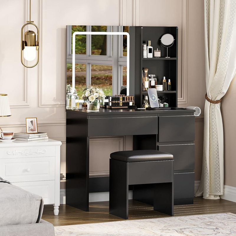 Dressing Vanity Desk Set with with Lighted Mirror for Bedroom, Black