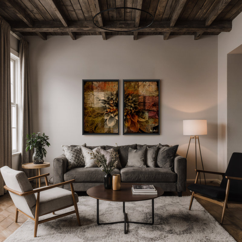 «Daisy», ensemble de 2 reproductions sur toiles, H 14 po x l 20 po, Noir, Toile avec cadre flottant