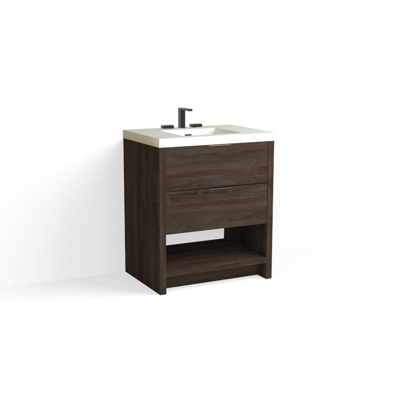 Vue 30" W Freestanding Single Bathroom Vanity, Ashlin, Glossy White/8" Widespread, Matte Black