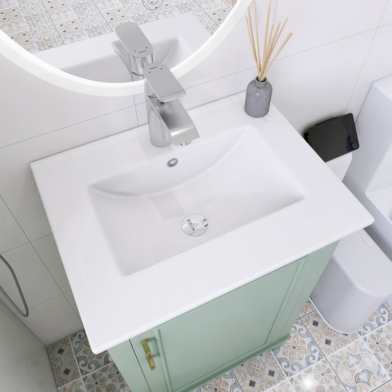 Petit meuble-lavabo sur pied 20 po avec lavabo en céramique blanc, Vert/doré