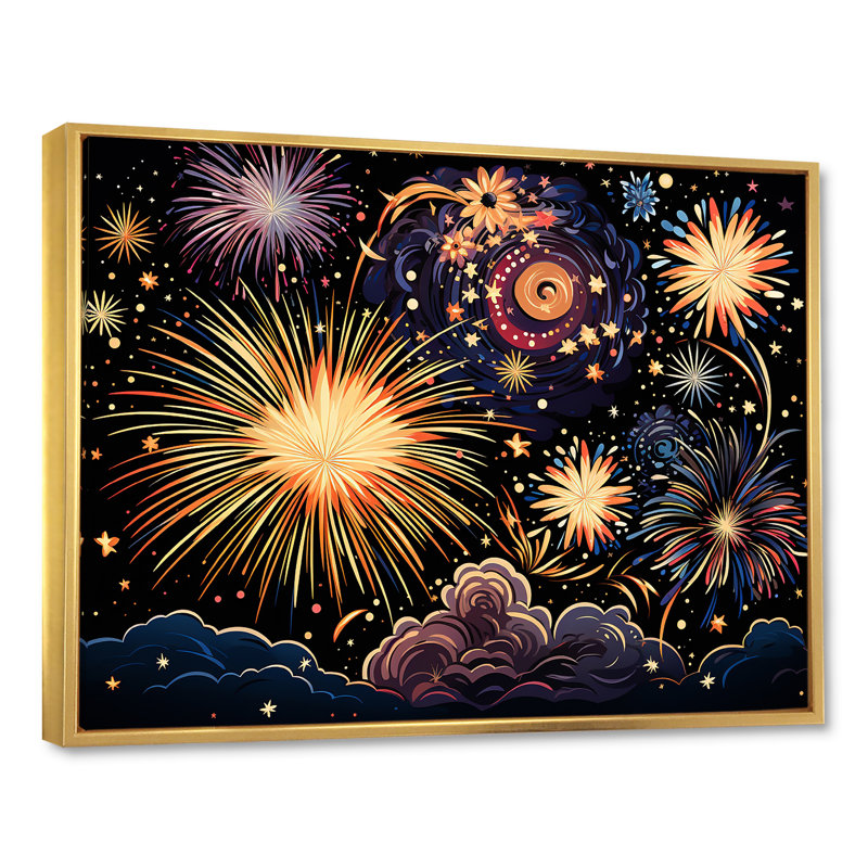 Feux d'artifice ciel céleste - art mural de feux d'artifice, Cadre flottant doré, H 34 po x l 44 po x P 1,5 po