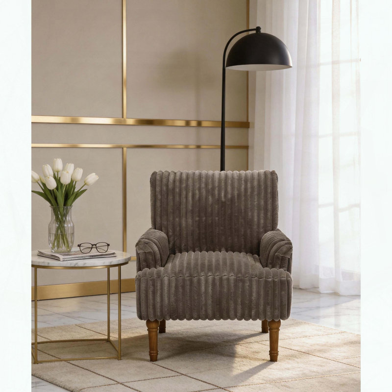 Fauteuil d'appoint en velours côtelé large Wale - Pieds en bois massif de 9 po - Café foncé, Café noir