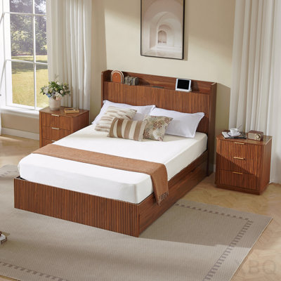 Queen Size Platform Bed Frame with 4 Storage Drawers, Built-In Charging Station, Wooden Storage Box Bed, Large Capacity Organizer Bed - Walnut