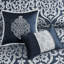 Couette bleu marine et argent pour lit King. Ensemble de 8 pièces avec garniture. Comprend 1 couette, 2 taies d'oreiller carrées, des coussins décoratifs et un cache-sommier. Motif texturé pour une touche d'élégance. Utilisation toute l'année.