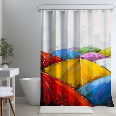Contemporary – Colorful Umbrellas Rain Pattern – Polyester Shower Curtain, Dye Sublimation Print, 71" W × 74" L