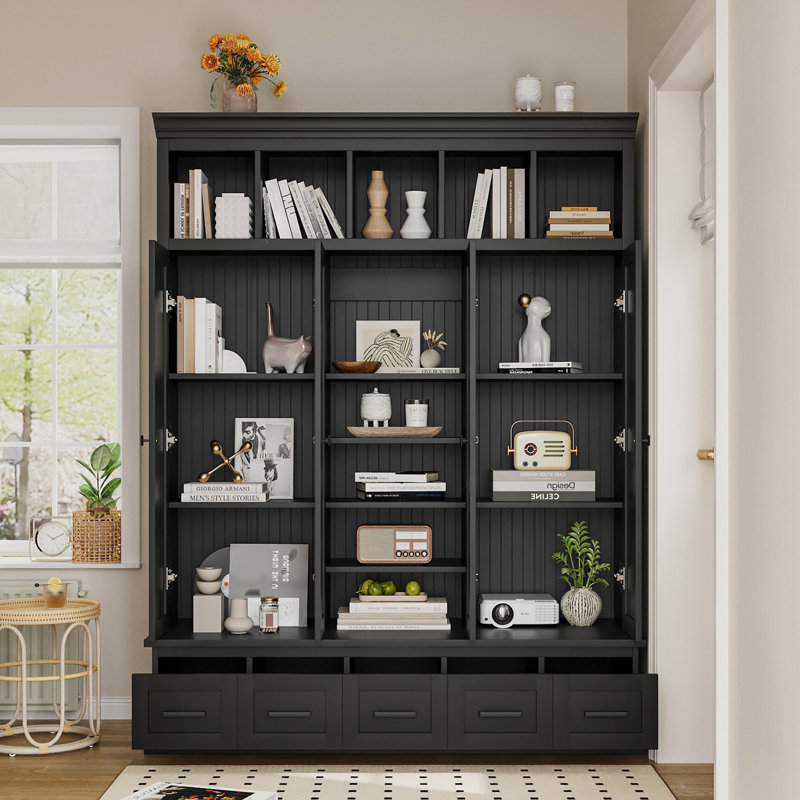 Hall Tree With Bench And 5 Storage Cubbies, Modern Entryway Storage Organizer Cabinet With 4 Doors, Black