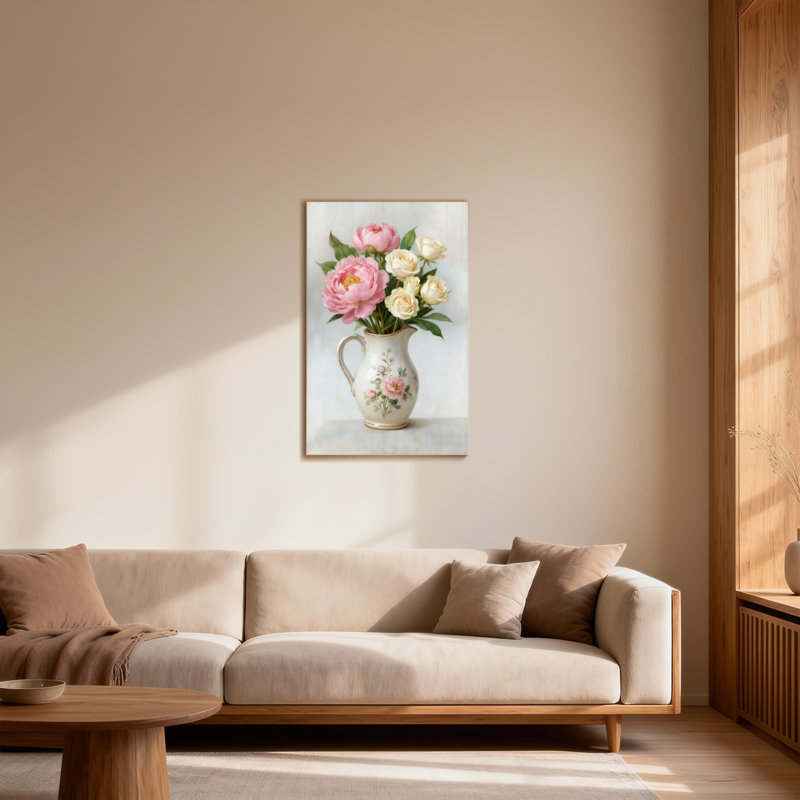 Plantes et fleurs pivoines roses et roses blanches dans un vase, H 12 po x l 18 po