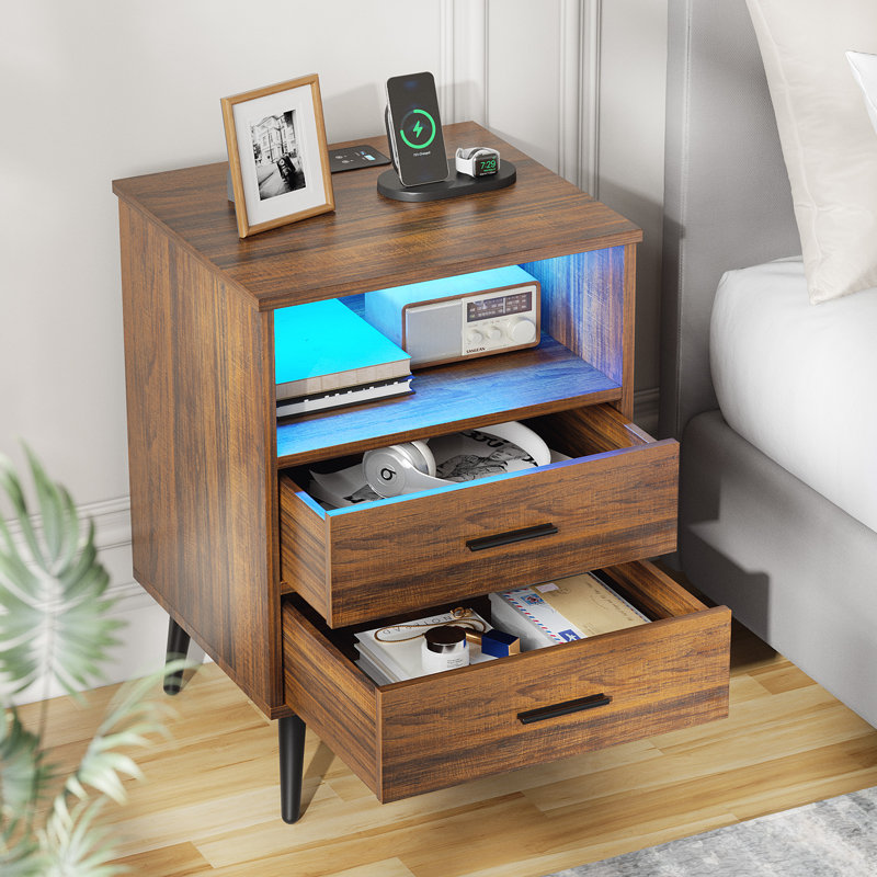 17.7" W 2-Drawer LED Nightstand, White/Brown/Black